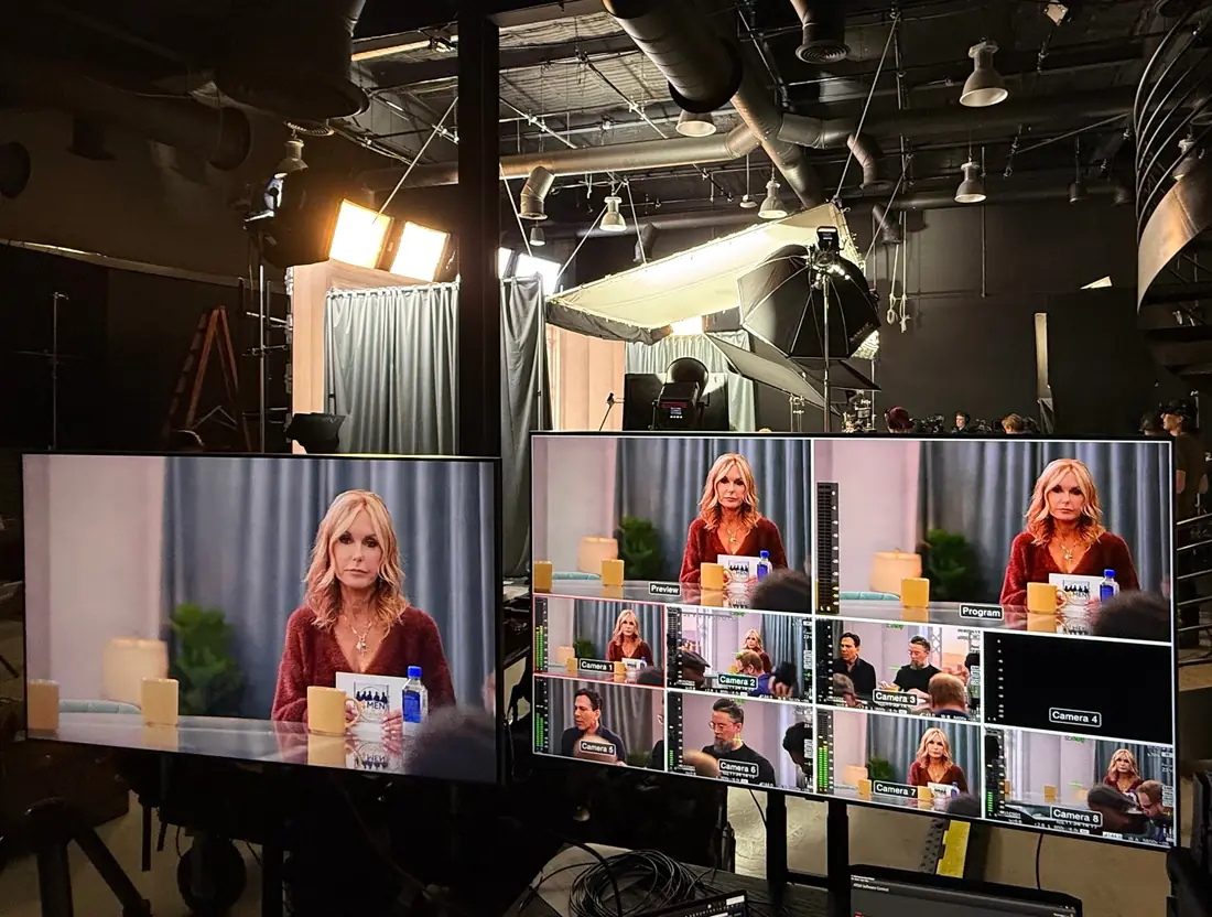 Studio A, Hollywood: large program monitor beside an eight-camera multiview during a multi-camera talk show record